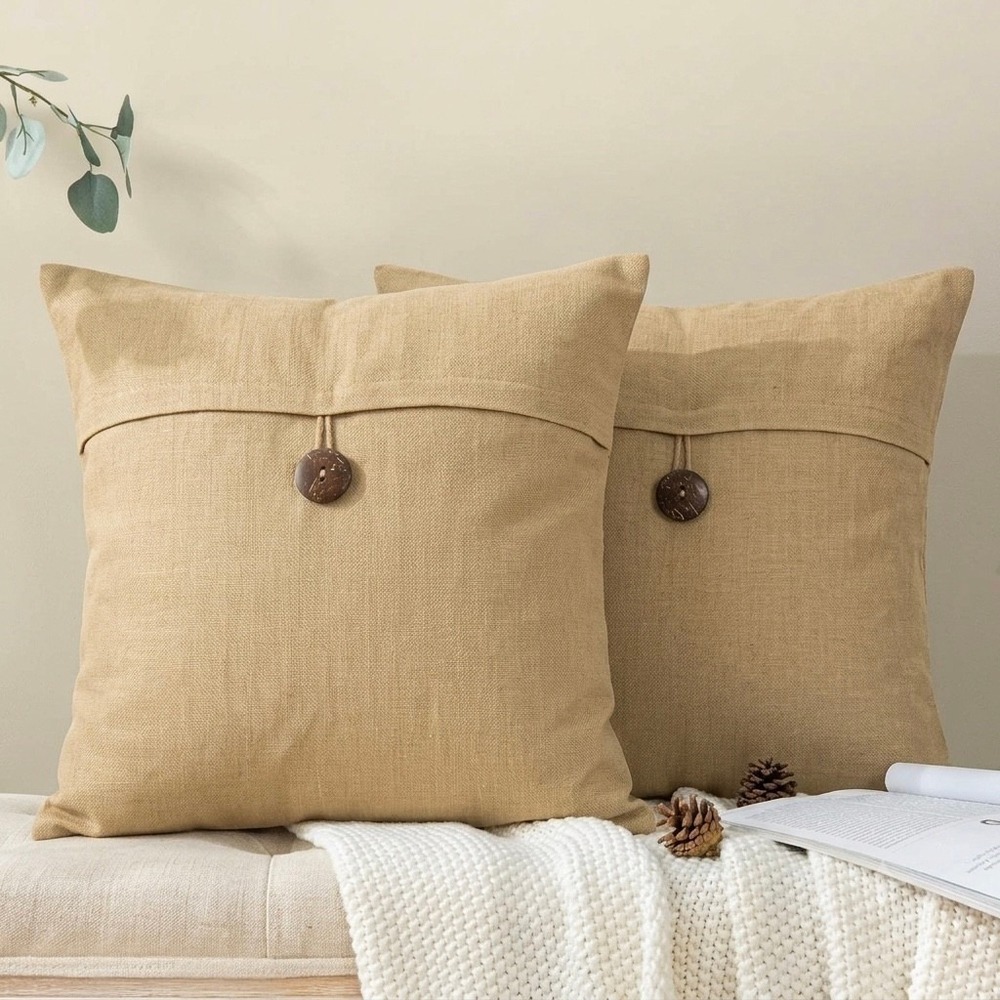 Pottery Barn 100% Linen Pillow Covers Set of 2 Wheat Tan 18x18 Button Closure